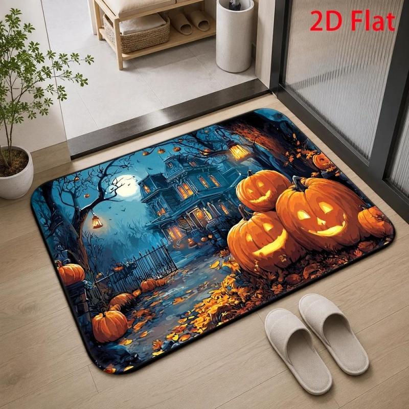 Blue Night Haunted House Glowing Pumpkin Halloween Household Doormat, Spooky Scenery Printed Floor Rug, Decorative Entry Mat