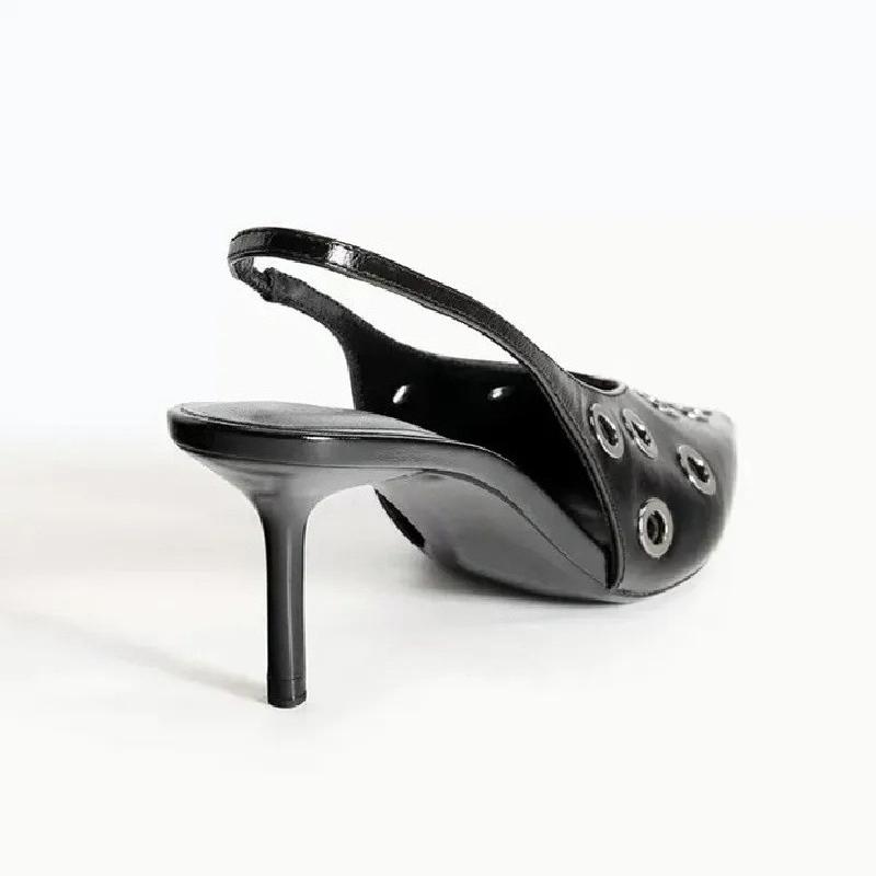 Fashion Sexy Black Pointed Toe Pumps Women Fashion Hollow Metal Decoration Brand Designer Shoes Elegant Thin Heel Slingback Dress Shoes