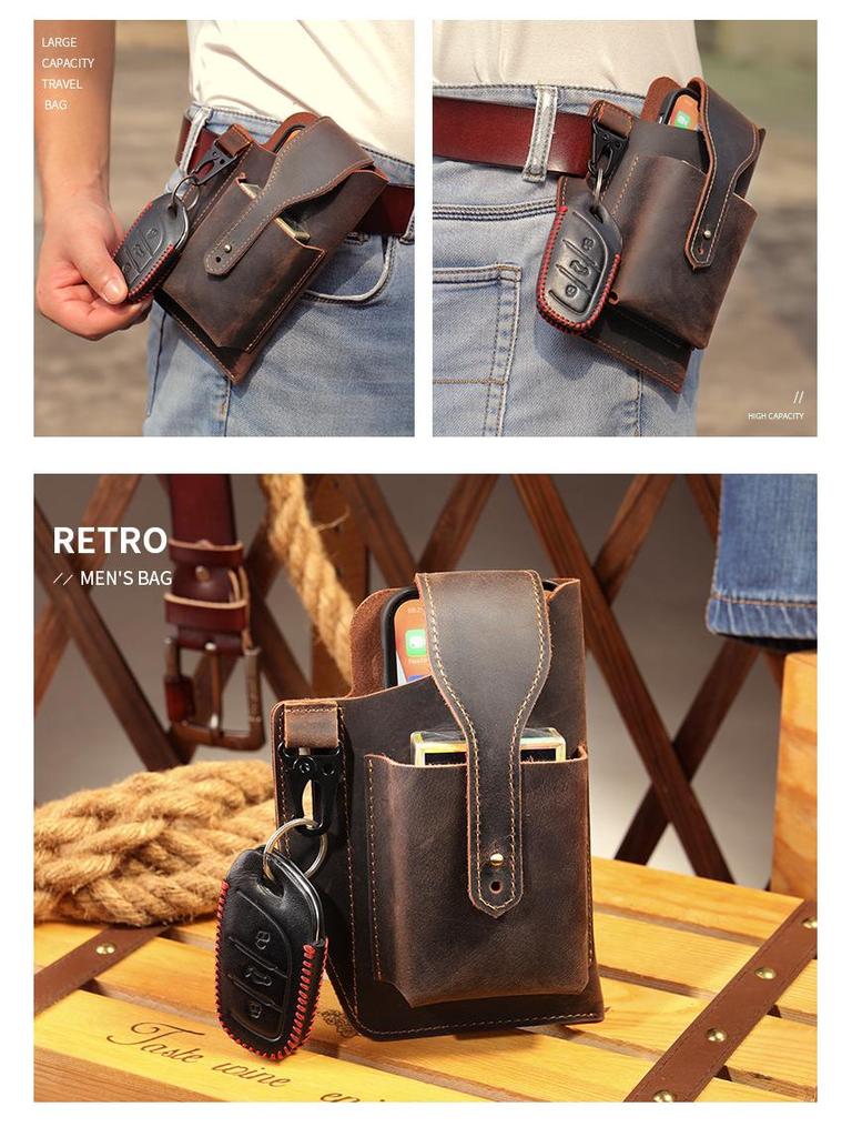 Męska saszetka biodrowa na telefon komórkowy z prawdziwej skóry - Taktyczna saszetka na pasek Crazy Horse na plac budowy i do sportu.