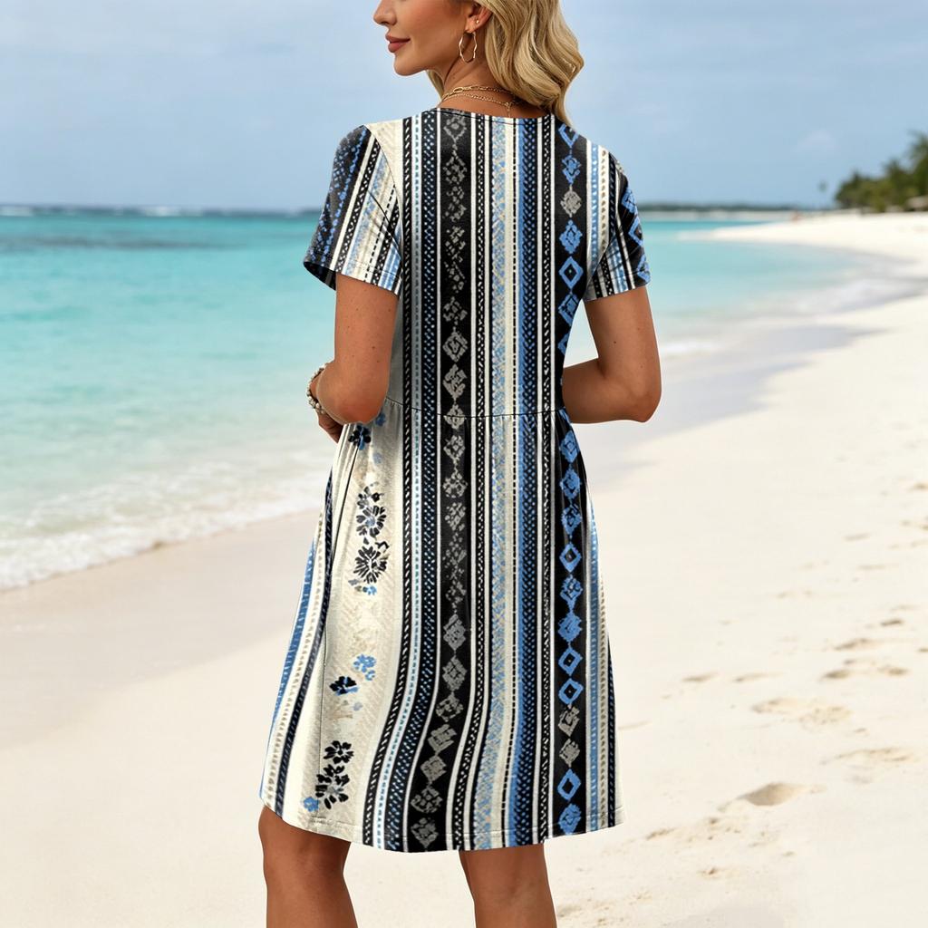 Women's Short Sleeve Floral Print Dress Casual Round Neck Waist Tie Pocket Summer Loose Fit Dress