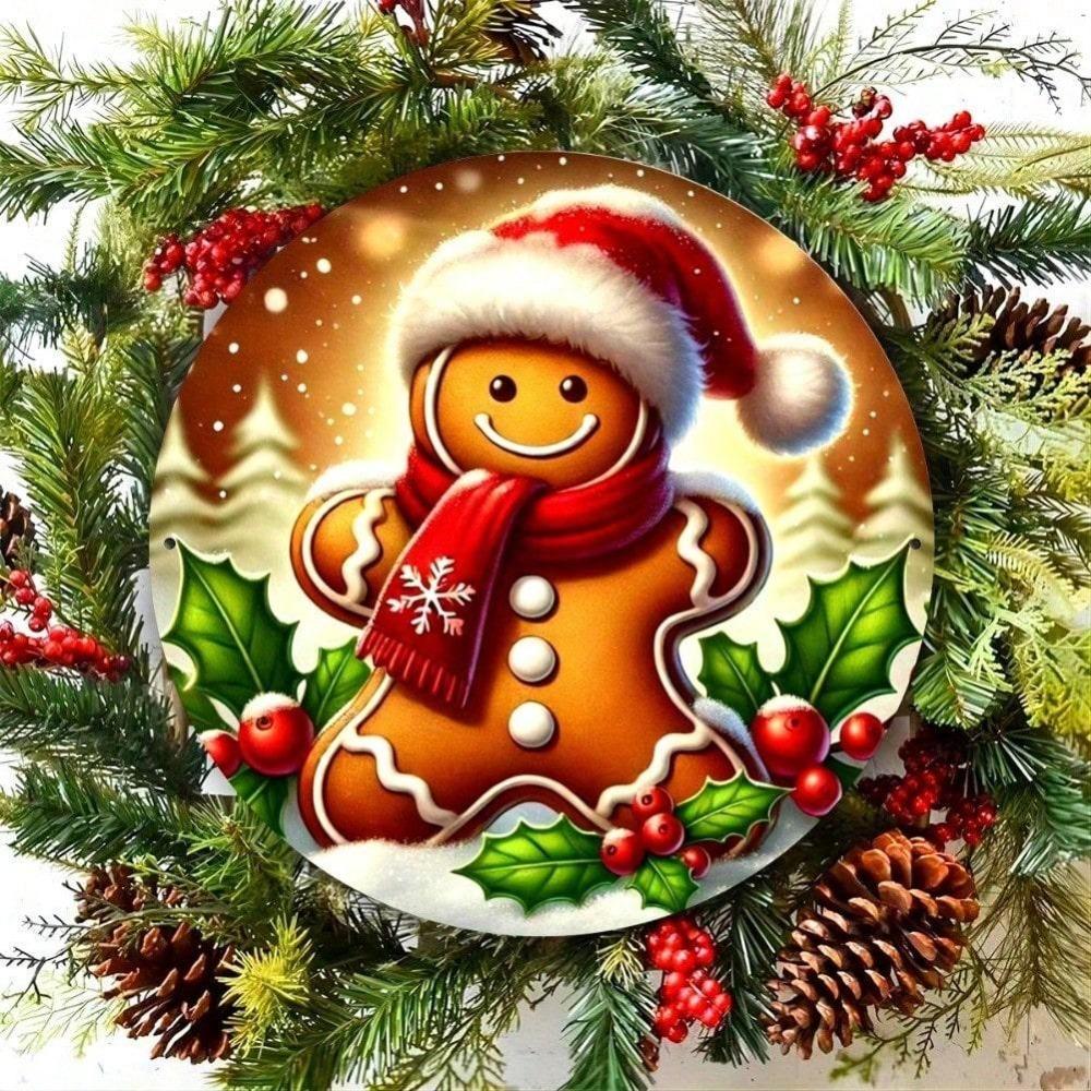 Christmas Gingerbread Man Tin Sign - Durable Metal Wall Art for Home, Garage, Bar, Cafe Decor, 2D Flat Print Holiday Plaque