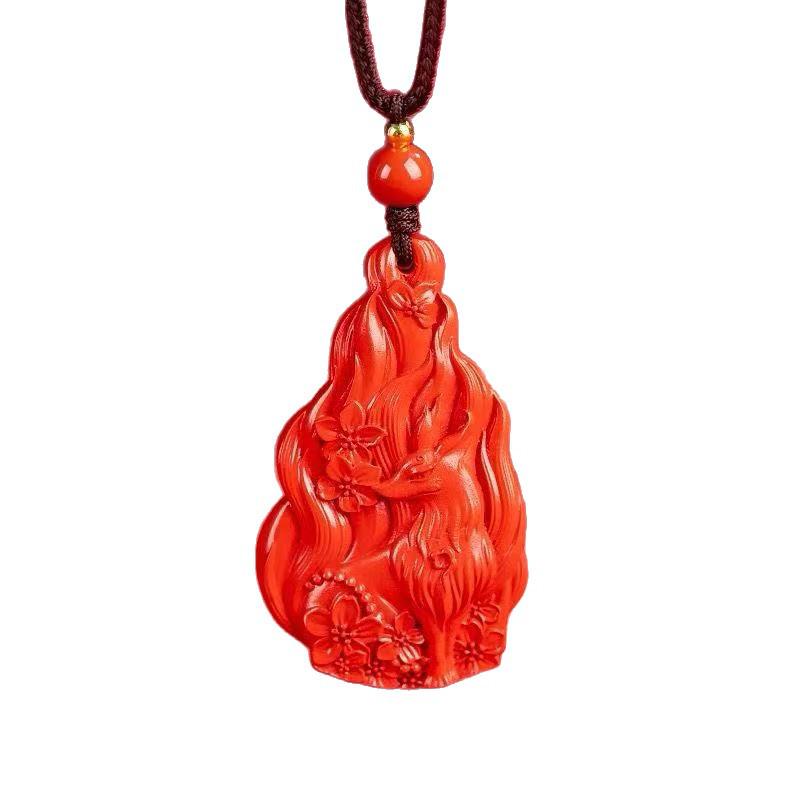 Cinnabar Zisha Red Nine-Tailed Fox Pendant Necklace & Keychain Charm