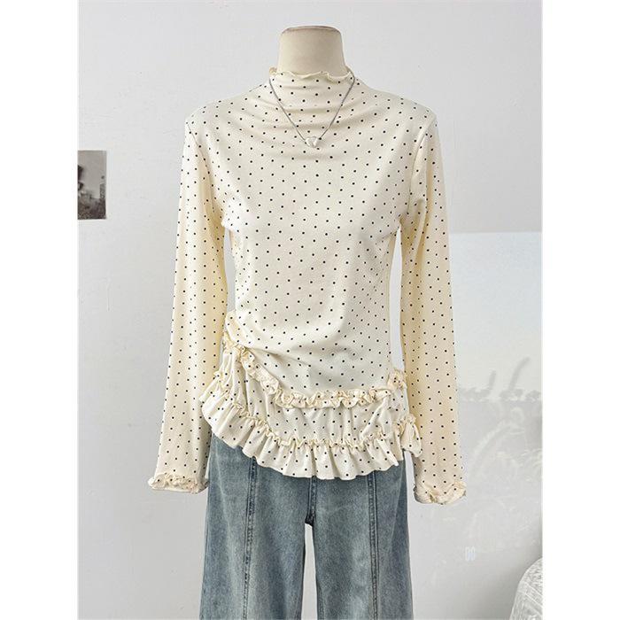 Women s Autumn Polka Dot Ruffled Patchwork Long Sleeve Top XL абрикосовый