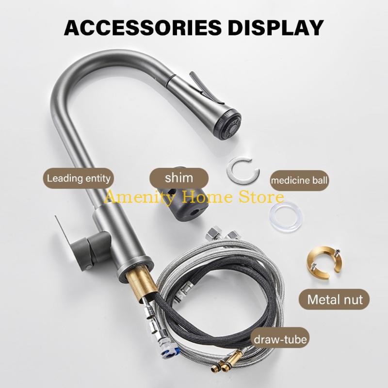 F26C Metal Pull Out Tap Precise Hot/Cold Water Mixing at House Practical Stretchable Sink Tap Prevents Splashing Water Faucet