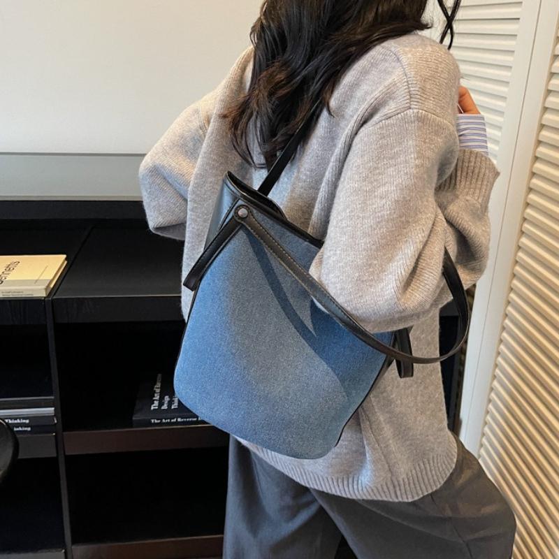 New Korean Style Patchwork Shoulder Bag Large Capacity Denim Tote Handbag for Women Fashiable and Versatile Commuting Bag