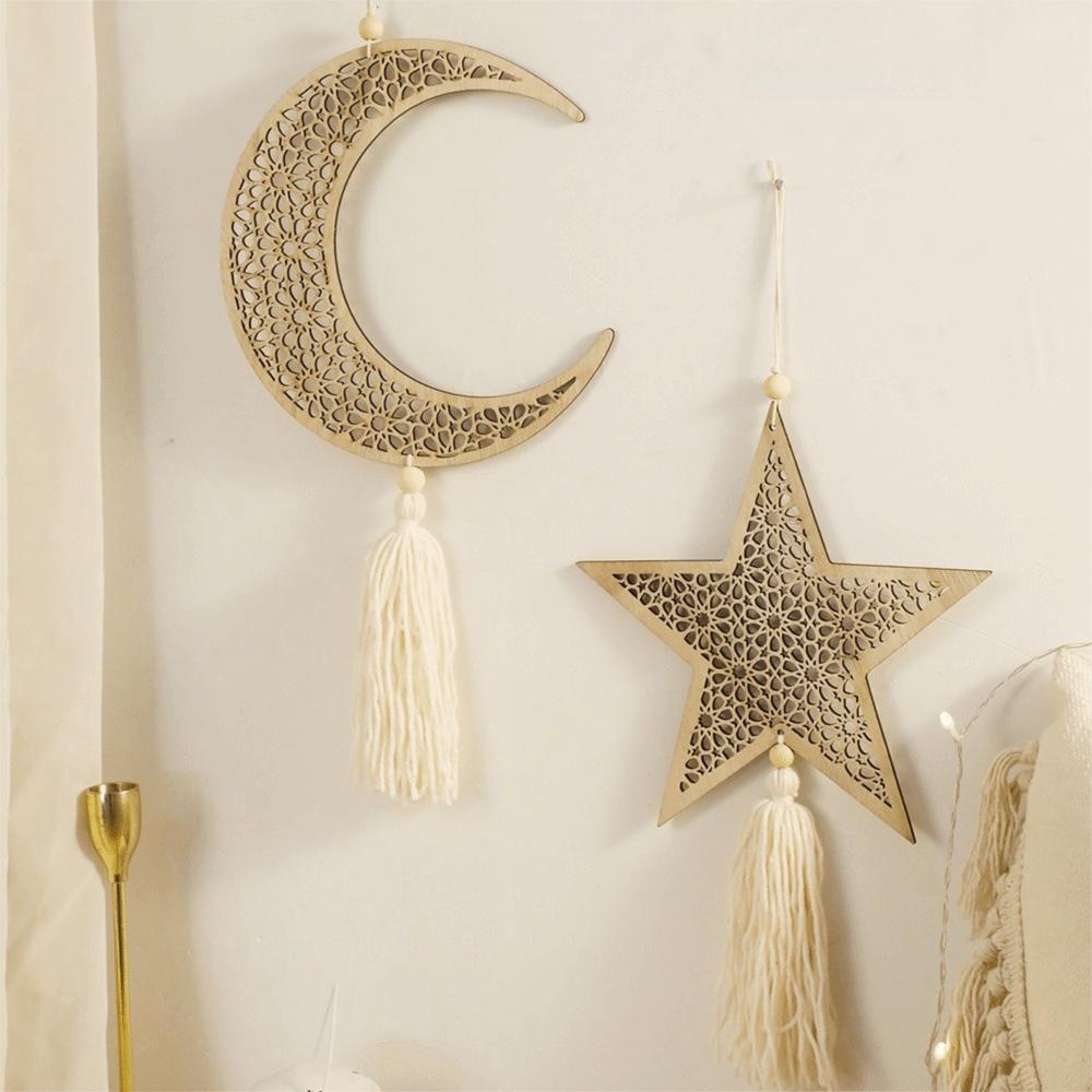 Wooden Material Ramadan Ornaments Moon Shape Star Shape Hanging Decor Hollow Mesh Tassel Design Muslim Decor Ramadan Celebration