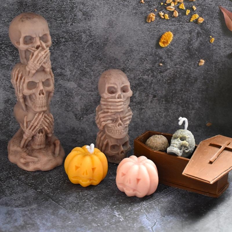 Ghosts and Coffin Silicone Mold Halloween Candle Mold Non-stick Easy to De-mold for DIY Candle Plaster Halloween Decor