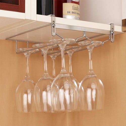 GeLeCo Wine Glass Holder, Adjustable Shelf Thickness, Wine Glass Hanger, Hanging, No Drilling Required (2 Lanes, Holds 6 Glasses)