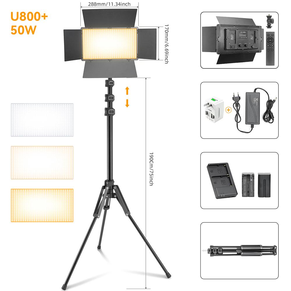 U800 600 LED Video Panel Light Kit Camera Light Studio Photography Lamp Dimmable 3200-5600K for Gaming Stream Conference Makeup