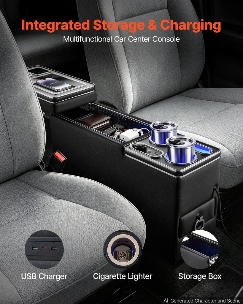 VEVOR Center Console Storage Box Between Seat with 7-Color Ambient Lights, USB/Type-C/Cigarette Lighter Charging