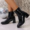 Fashion Fashion Square Toe Ankle Boots for Women Spring Autumn Black Chunky High Heel Boots Woman Back Zipper Patent Leather Botas Mujer