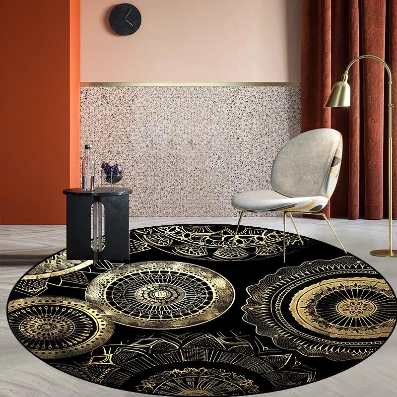 Modern Style Living Room Round Carpet Large Area Soft Non-slip Lounge Table Chair Mat Golden Luxury Rugs for Bedroom Bedside