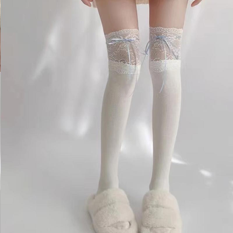Girls Lolita Velvet Stockings White Knee Length Stockings Lace Splicing High Tube Sock Ribbon Bowknot Long Socks Women Footwear
