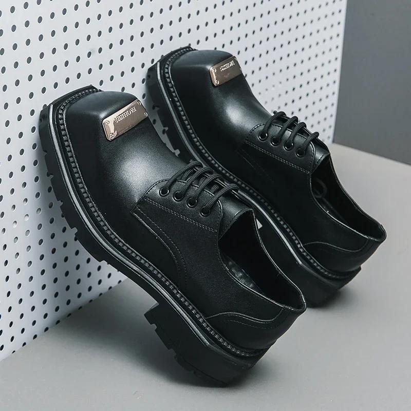Fashion Square-Toe Men's Leather Shoes Business Oxford Man Lace-up Formal Dress Shoes Black Derby Shoes Metal Decoration