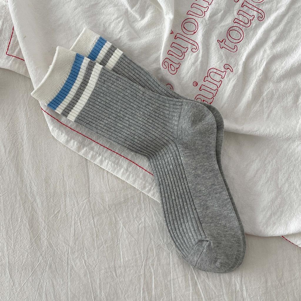 Grey Socks Cotton Mid-Leg Socks Double Needle Cotton Spring And Autumn Striped Pile Socks Collegiate Style Stockings