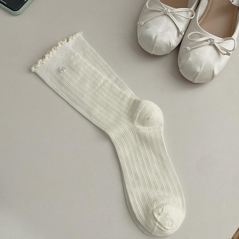 

Шкарпетки в корейському стилі з квітковими ґудзиками та підворотом у кімнаті для прямих трансляцій, шкарпетки з краєчком-грибочком, безшовні шкарпетки One size fits all молоко, білий колір