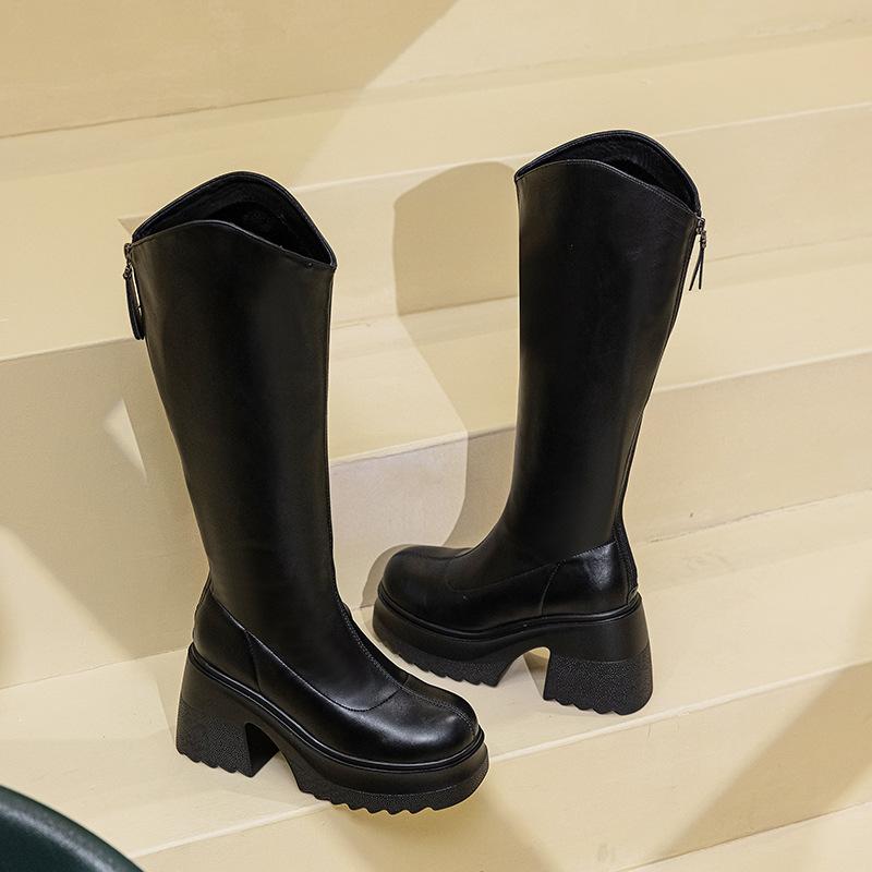 Thick heel long tube heightening boots women's new knee boots spring high heel knight boots thick sole thin boots