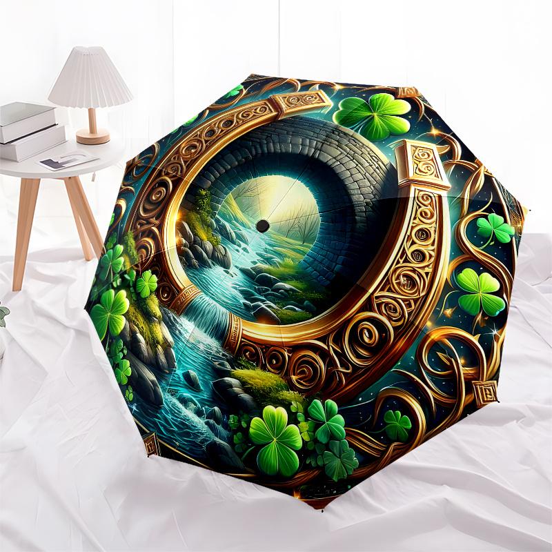 Irish Luck Horseshoe Wall Art: Decorate Your Space with Good Fortune! Umbrella, Cute Umbrella with Cute Design, Portable 3-Fold Compact Umbrella for M