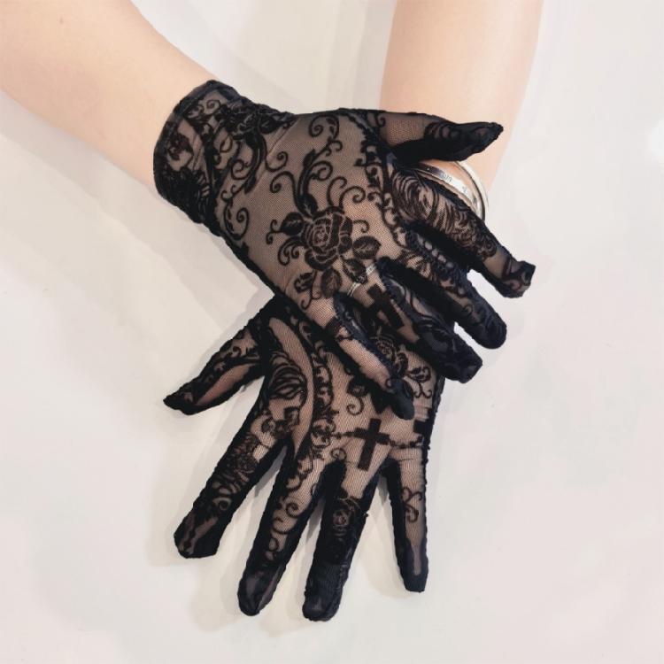 Elasticated Lace Gloves Gothic Skull Crosses Pattern Costume Party Essential for Halloween Event and Themed Performances