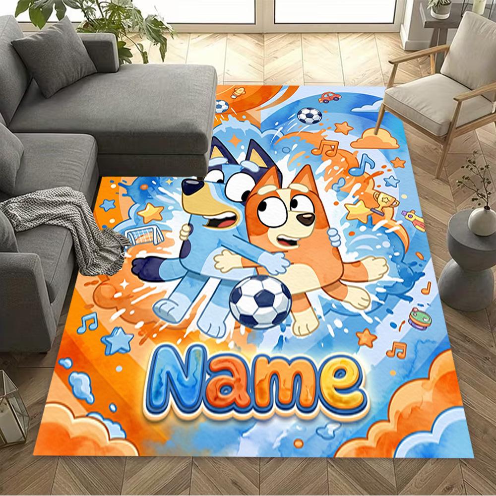 Bluey Soccer Fun Personalized Text Carpet Perfect for Game Room Kitchen Balcony Dining Room Anti-slip Rug Anime Office Decor