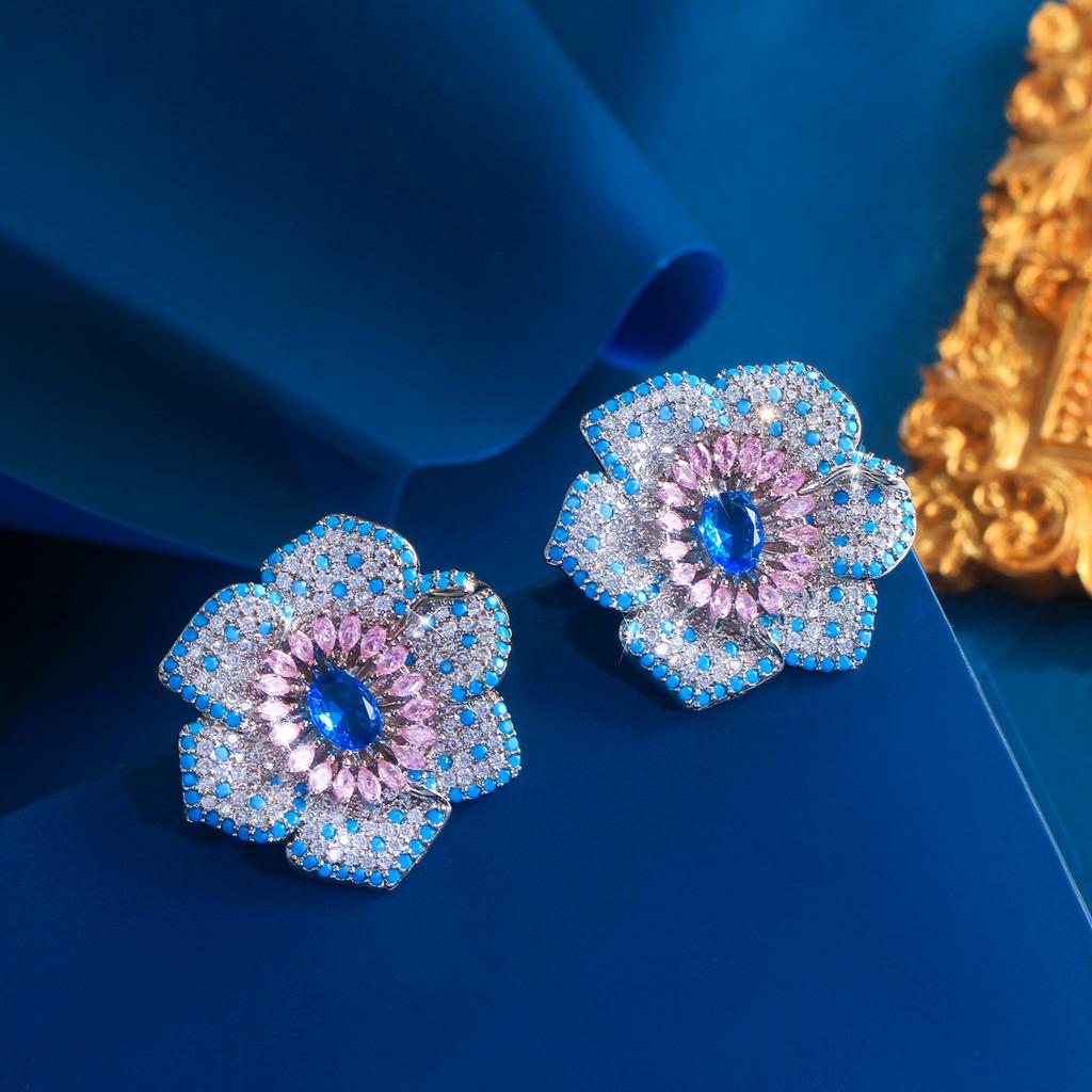 Light Luxury Atmosphere Three-Dimensional Flower Slightly Inlaid With Zirconium High-End Stud Earrings Earrings Elegant Turquoise Earrings