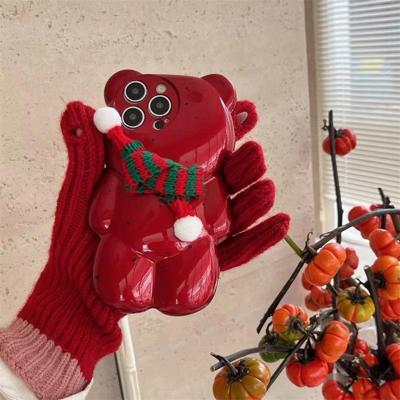 Cute Cartoon Christmas Scarf 3D Splashing Ink Bear Phone Case For iPhone 16 15 14 13 12 11 Pro Max Lovely Gift Back Cover Funda