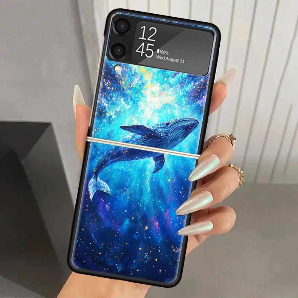Humpback Whale Sea Giant Hard PC Phone Case For Samsung Galaxy Z Flip 7 6 5 4 3 Black ZFlip7 ZFlip6 Flip5 Flip4 Flip3 5G Print C