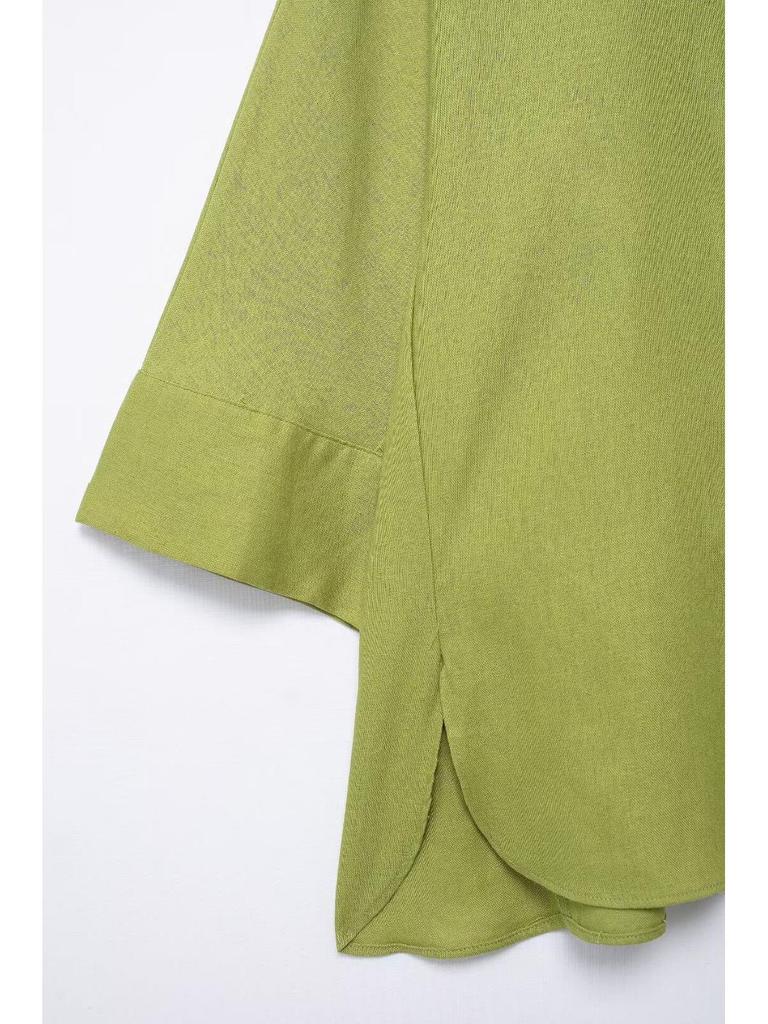 Damski zestaw lniany w stylu europejskim i amerykańskim: koszula z szerokimi rękawami i spodnie z prostymi nogawkami na gumce