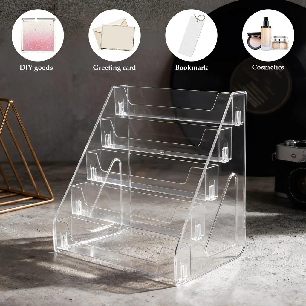 5 Tiers Greeting Card Display Stand Transparent Acrylic Sticker Holder Desktop Bookmark Brochure Magazines Journals Storage