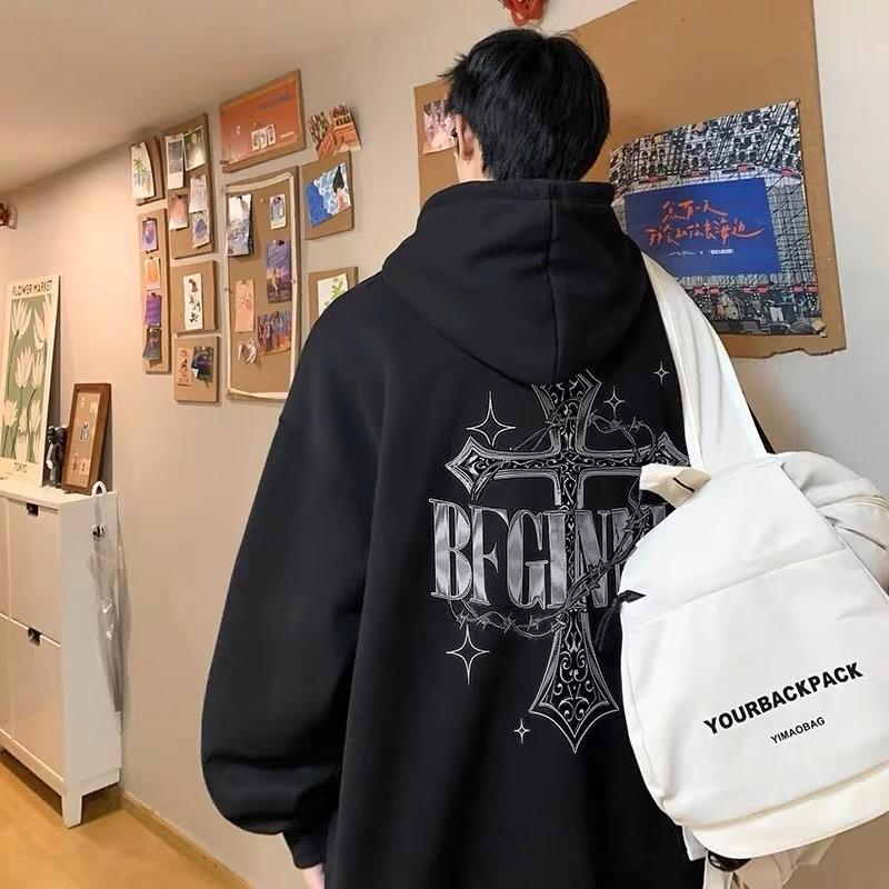 

M-8XL Hoodie Men s Large Hoodie American Retro Loose Fashion High Street Cross Chain Printed Long Sleeve Double Shirt S