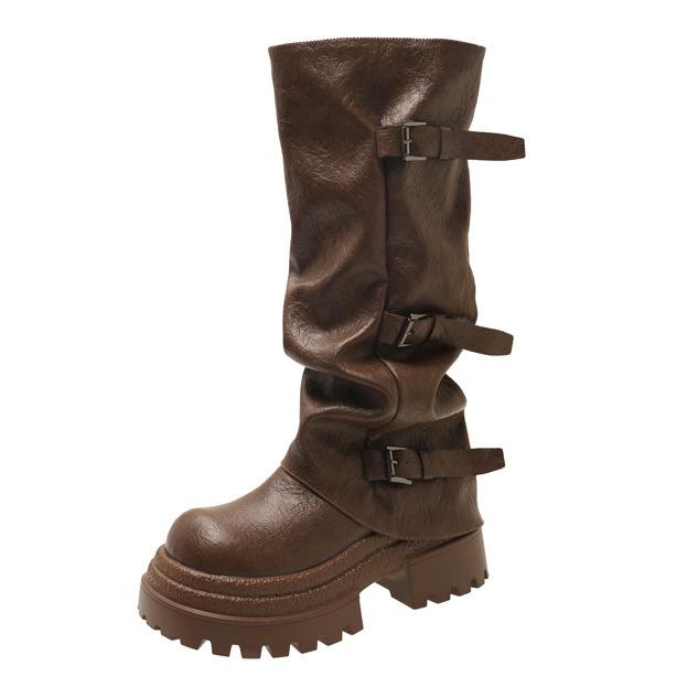 

Юэю пряжка на ремне плиссированные на толстой подошве полусапоги женские 2025 осень и зима новые брюки ковбойские сапоги инс трендовые сапоги 40