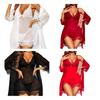 Sexy Lace Pajama Set for Women Babydoll Chemise Nightgown And Kimono Robe Set with Thong 3 Piece Sheer Mesh Sleepwear