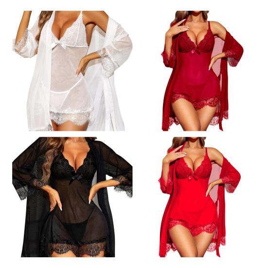 Sexy Lace Pajama Set for Women Babydoll Chemise Nightgown And Kimono Robe Set with Thong 3 Piece Sheer Mesh Sleepwear