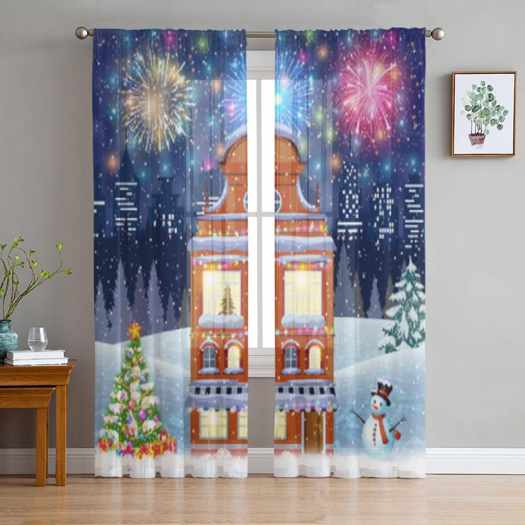 Om de zăpadă de Crăciun Scenă de zăpadă Casă roz Perdele transparente Decorațiuni pentru casă de Crăciun Perdele din tul pentru fereastră pentru sufragerie dormitor