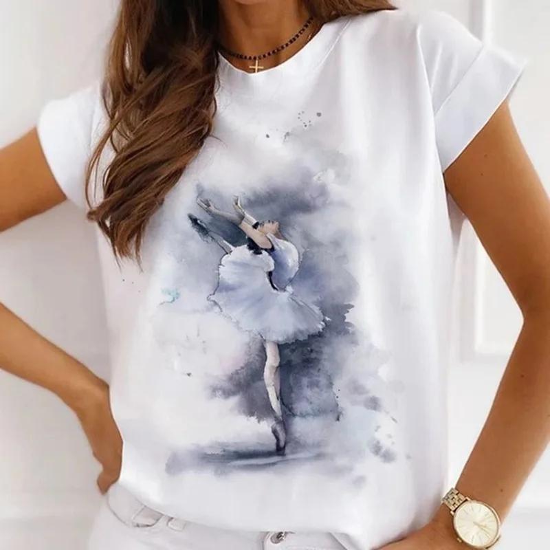 Stylish African Womens Watercolor Ballerina Girl Cute Cartoon Short Sleeve Tshirt Summer Tops Vintage Clothes Oversized Tee