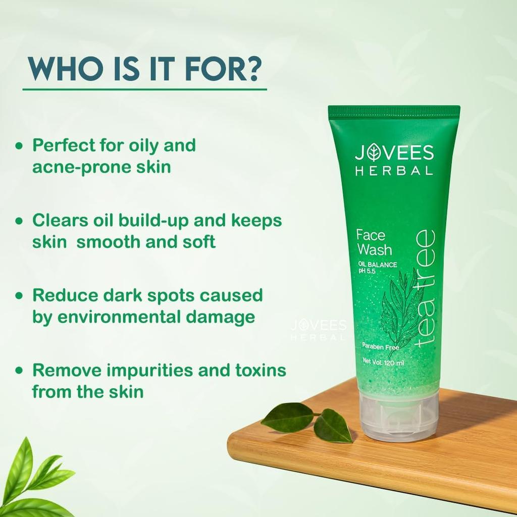 Jovees Herbal Tea Tree Oil Control Face Wash 300ml For Oily Sensitive Skin | Gentle Cleanser Removes Excess Oil, Prevents Breakouts