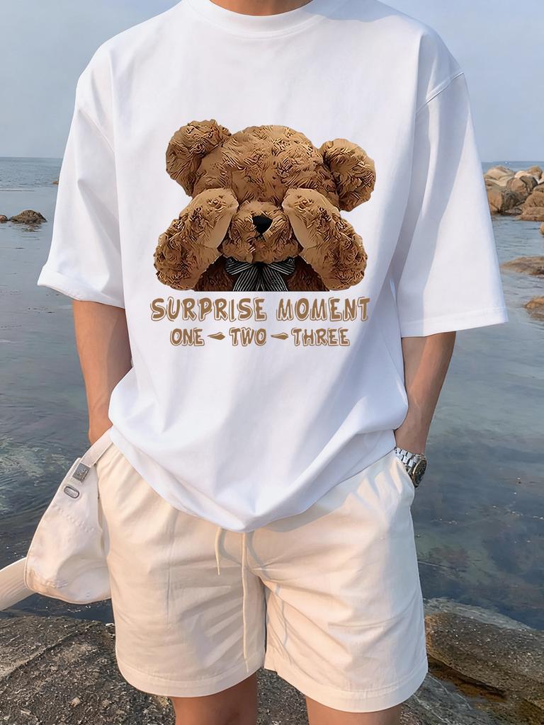 One Two Three Teddy Bear Printing TShirts Womens Summer Cotton Short Sleeve Tees Loose ONeck Soft Tops Basic Woman Clothes