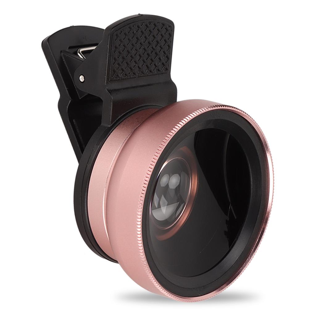 Phone Lens 2 In 1 HD Professional Universal Clip 0.45X Wide Angle 12.5X Macro Lens for Cellphone Tablet Rose Gold