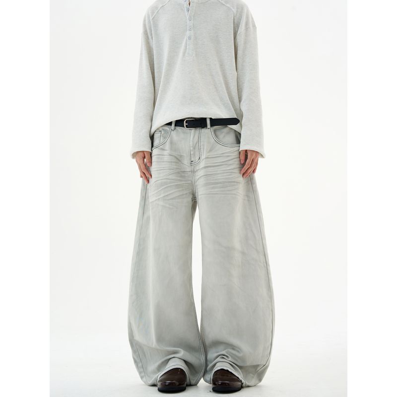 Kisko American Retro Washed Whiskered Baggy Scimitar Jeans Unisex Trendy Loose Straight-Leg Distressed Pants