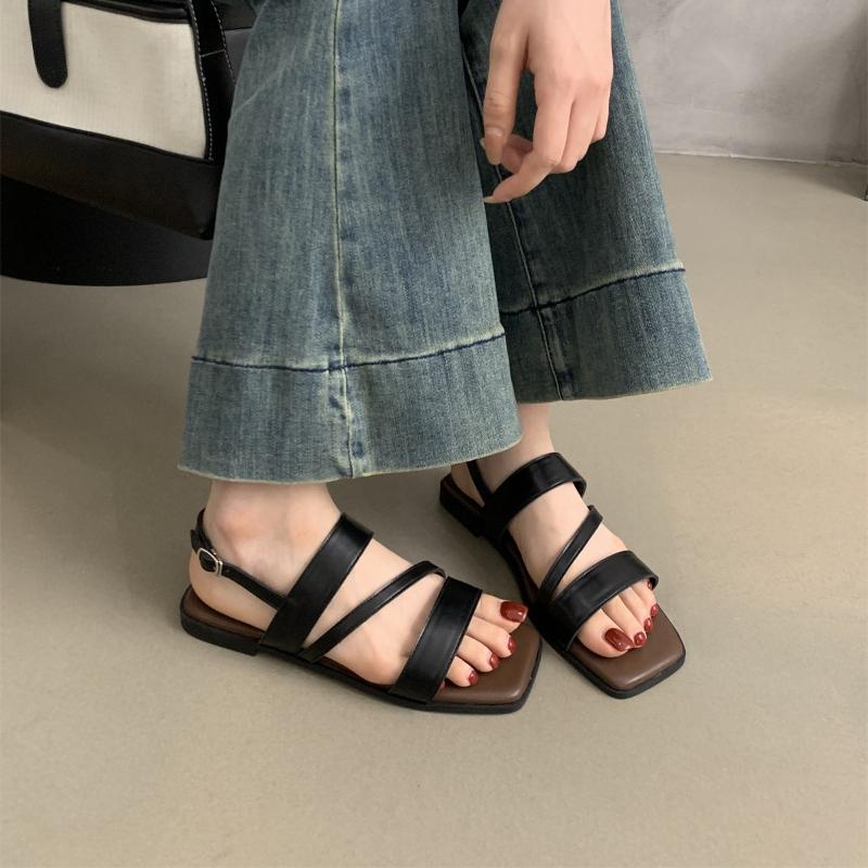 

Fashion Open-toe Sandals Female 2025 New Summer Retro Soft Flat Bottom Roman Shoes Casual Square Toe Leather Strap Sandalias Mujer 35 чёрный