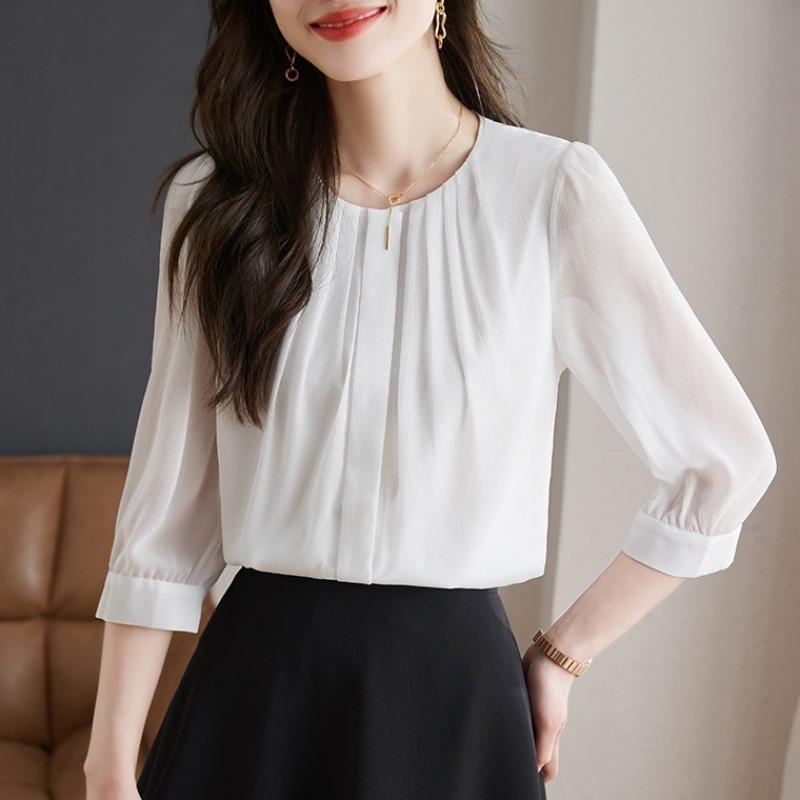 Women Fashion Solid Color Round Neck Three Quarter Sleeve Casual Commute Shirt