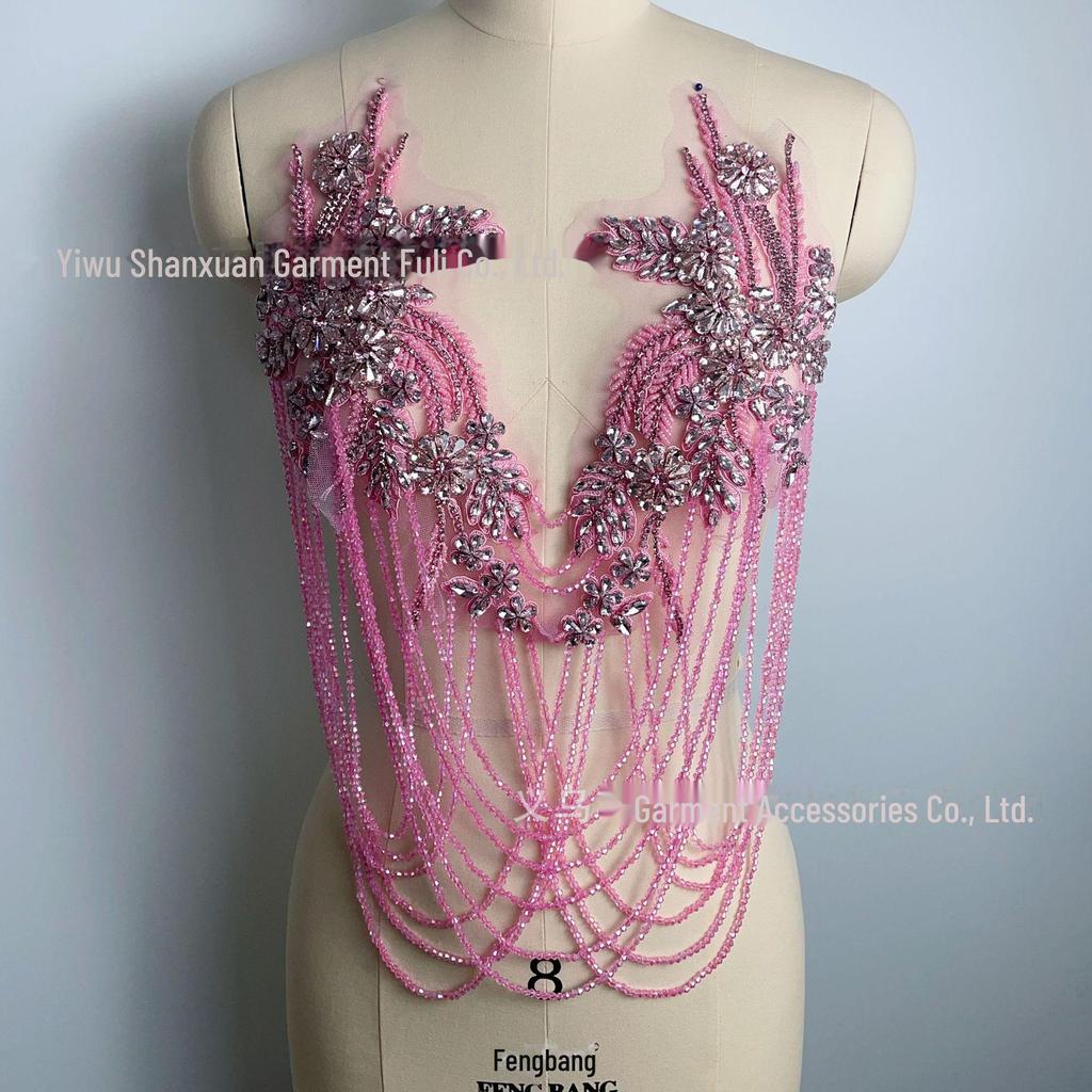 Handmade Beaded Tassel Wedding Dress Shoulder Ornaments with Crystal Diamond Lace Applique