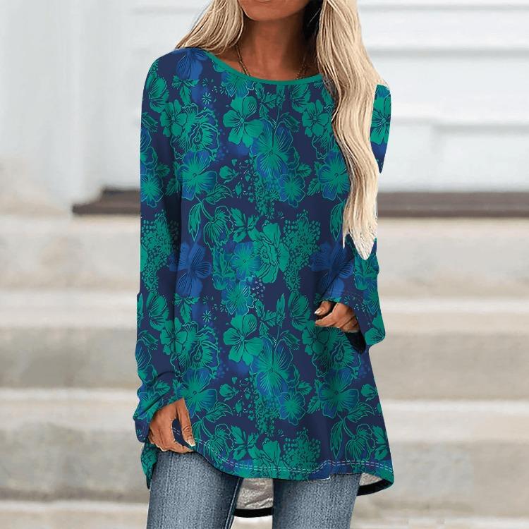 Spring Floral Print Plus Size Tops Long Sleeve Round Neck Baggy Tee Women Casual Comfort Mid Length T-shirt