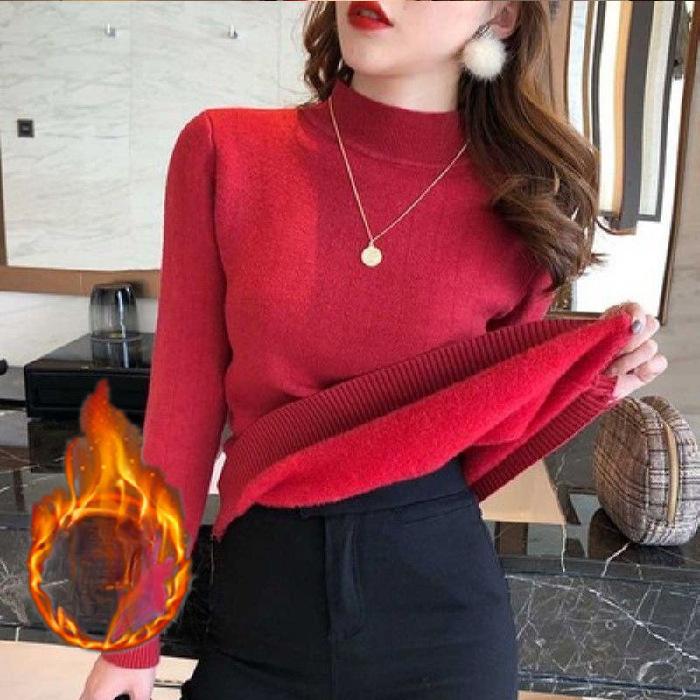Add Fleece Base Slim-fit Sweater Women's Half Turtleneck One Thick Fleece Sweater Women's New Wintertime Half Turtleneck