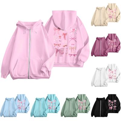 Women's Zip Up Hoodies Teen Girls  Flowers Printed Sweatshirt Clothing Casual Drawstring Jacket With Pockets