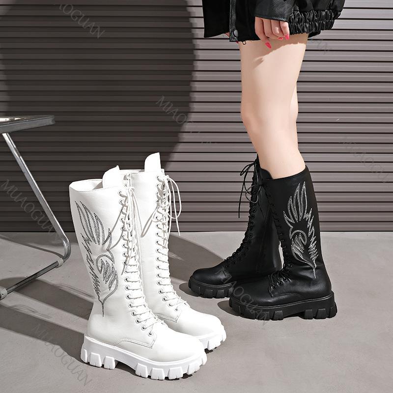 Fashion Embroidered Boots for Women 2025 Autumn New Thick-soled High-top Knee High Boots Retro Round Toe Long Platform Botas Femenina