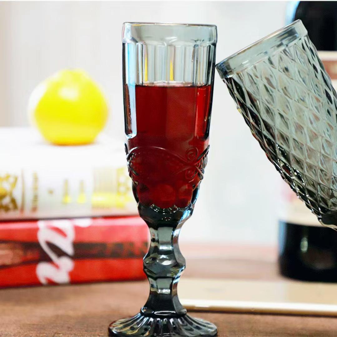Vintage Tall-Stemmed Champagne and Wine Glasses, Embossed Thickened Juice Cups, Retro Cocktail Style