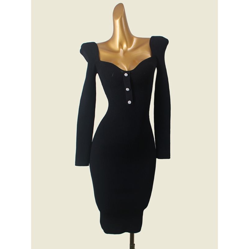 Classy French Sweet Silm Sexy Peach Collar Dress Foreign Trade Original Order Autumn Black Long Sleeves Bodycon Dress
