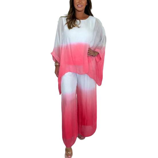 Summer Chiffon Gradient 2 Piece Set for Women Plus Size Crew Neck Top Wide-leg Pant Set Casual Loungewear Outfit