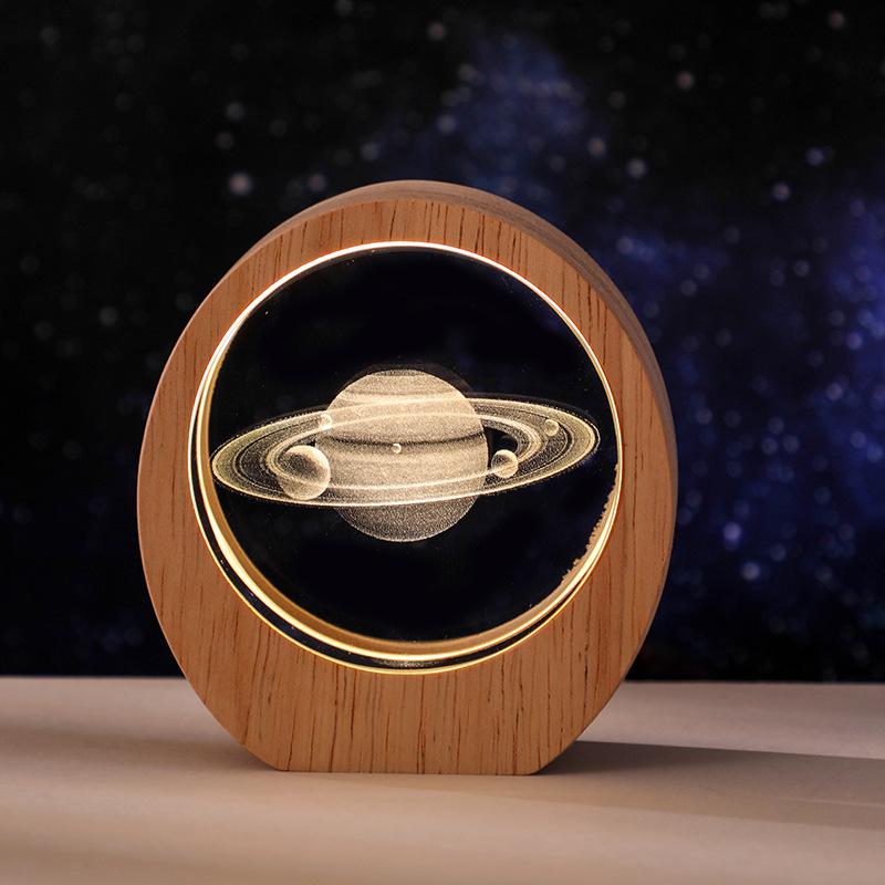 Planet Night Light 3D Inner Engraving Luminous Crystal Desktop Ornament Wooden Base